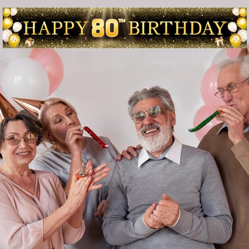 Image of TZSS Black & Gold 80th Birthday Banner Decorations - Extra Large Reusable Yard Sign for Men & Women, 80th Celebration Party Decor Indoor Outdoor, Platinum Jubilee Happy 80th