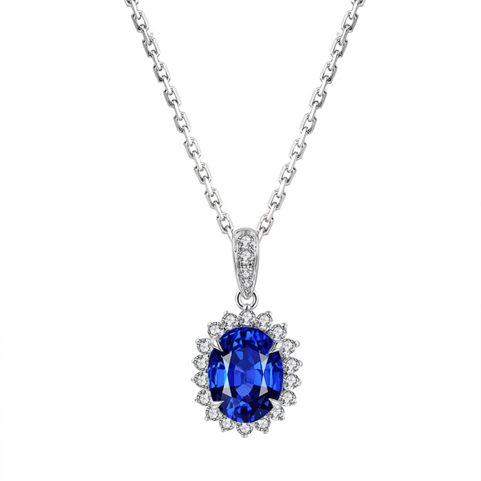 KnBoB Collar para mujer de plata 925 flores azul ovalado laboratorio creado zafiro piedras preciosas colgante joyas longitud 40+5 cm