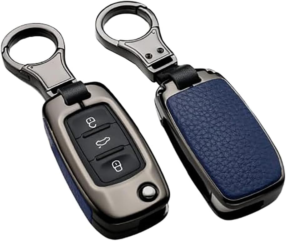 ontto Fit for Volkswagen Key Fob Cover Key Case Remote Cover Metal Leather Key Shell with Keychain Compatible with VW Tiguan Jetta Mk6 Golf Polo Passat Flip Key Blue(1 keycover&1 Keychain)