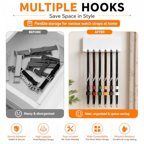 Image of Mizi Watch Band Holder Organiser Wall Mount, Watch Strap Storage Rack for Apple Watch, Samsung Galaxy Watch & Traditional Bands, Holds up to 6 Straps, Grooved Anti-Slip Design, Easy Install Display Stand, White