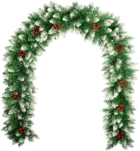 9ft Snow-Tipped Spruce Christmas Garland | 270cm Realistic Green Garland with Red Berries, Cones & Bullet Tips | Flexible, Durable Holiday Décor for Stairs, Fireplaces, Doors & Windows.