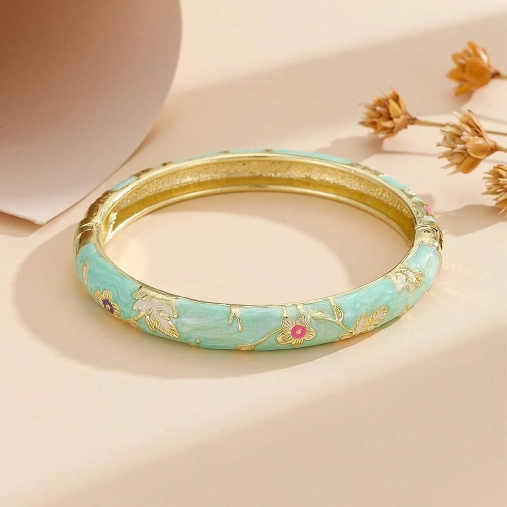 Cloisonne Bracelet For Women, Chunky Bangle Trendy Cute Flower Enamel Bangles Multi Tone Engraved Cuff Gold Plated Bracelets Stackable Wife Jewelry Friendship Gift