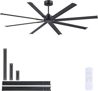 84 Inch Ceiling Fans No Light, Large Industrial Ceiling Fan with 8 Aluminium Blades, Quiet DC Motor, 6 Speeds, HVLS Modern Ceiling Fan without Light for Garage/shop/living room,Black