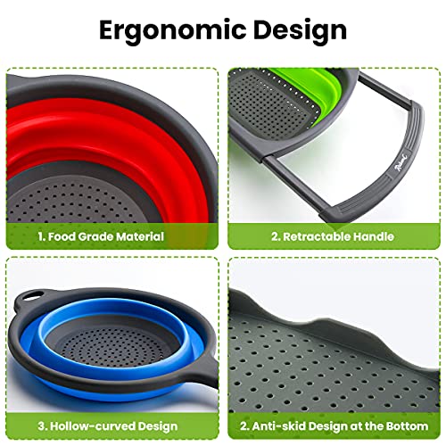 Rubonc Collapsible Colanders - Set Of 3, Adjustable Over The Sink Silicone Foldable Round Fruits, Vegetable, Food Draining Colorful Baskets And Pasta Strainer With Handle For Kitchen - 6/4/2 Quarts #TOP1