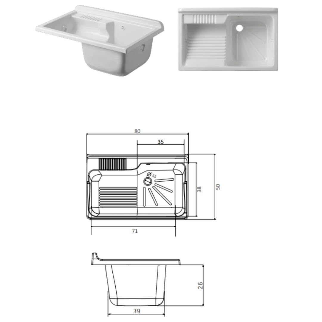 Lavatoio in PVC bianco con scarico autopulente e piletta 80x50x85H cm