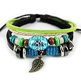 MORE FUN Fashion Oval Beads Adjustable Hemp Woven Braided Wrap Bracelet with Leaf Metal Pendant