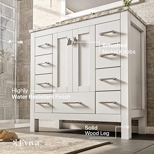 Eviva Bathroom Vanity And Sink Combo 36 Inch White Finish - Solid Wood White 36 Inch Vanity With Sink And Countertop Porcelain - Raised Bathroom Cabinet With Sink With Exposed Feet - Marble Top #TOP3