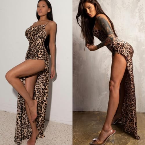 Image of Suillty Women's Sexy Leopard Print Backless High Split Bodycon Maxi Dress for Party Club