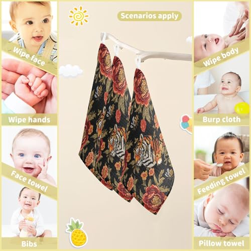 Image of vvfelixl Tiger Bee Flower Baby Burp Cloths Baby Muslin Washcloths for Boys Girls Cotton Babys Face Towel for Newborn Infants Soft and Absorbent 11.8 X 11.8 in, 5 Pack