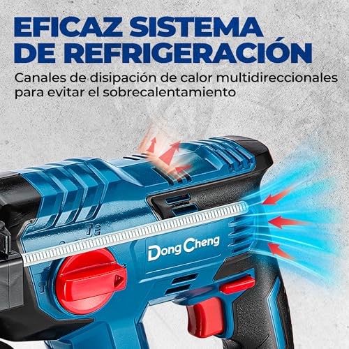 DongCheng Martillo perforador sin cable 18V, energía de impacto 2,1 J, 4 piezas SDS-plus, perforación hasta 28 mm, motor de percusión sin escobillas empuñadura antivibración baterías 4Ah y cargador 2A - imagen 5