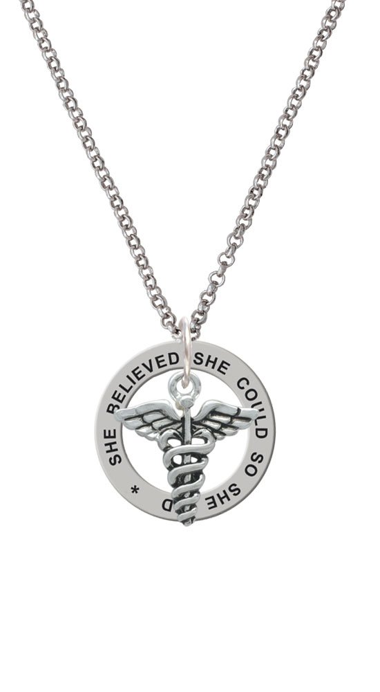 Working Women Rock Caduceus She Believed She Could Affirmation Ring Necklace