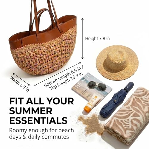 Bolso de playa de paja para mujer, bolso tote bohemio de verano con correa de PU miniatura 3