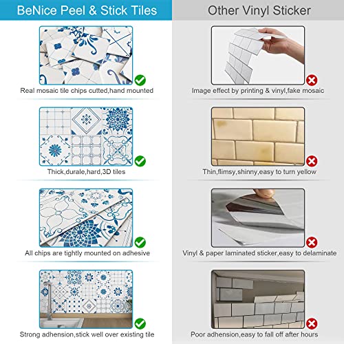 Benice Floral Backsplash Tile Kitchen Peel And Stick Panels,Self Adhesive Moroccan Mosaic Flower Wall Tile Stickers Back Splashes For Kitchen 11.8"X11.8"Blue-10Tiles #TOP4