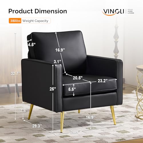 Image of VINGLI Modern Accent Chair, Upholstered Faux Leather PU Armchair with Thick Cushion & Metal Legs, Comfortable Reading Chair for Living Room, Bedroom, Office, Green