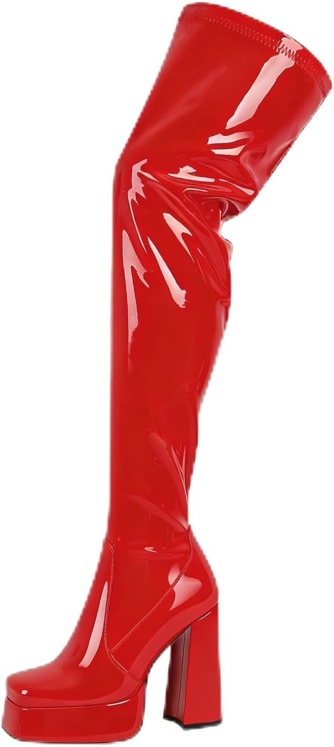 SAMMITOP Women's Platform Thigh High Boots Chunky Block Heel Over the Knee Boots Square Toe Sexy Stretch Long Booties with Zipper 4.7 Inch