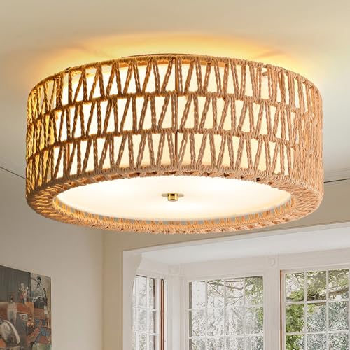 InterMaka Rattan Ceiling Light 15.7 Boho Flush Mount Ceiling Light 3-Light Rattan Light Fixture Woven Semi Flush Mount Ceiling Light Bedroom Ceiling Light for Dining Room Hallway Entryway Foyer