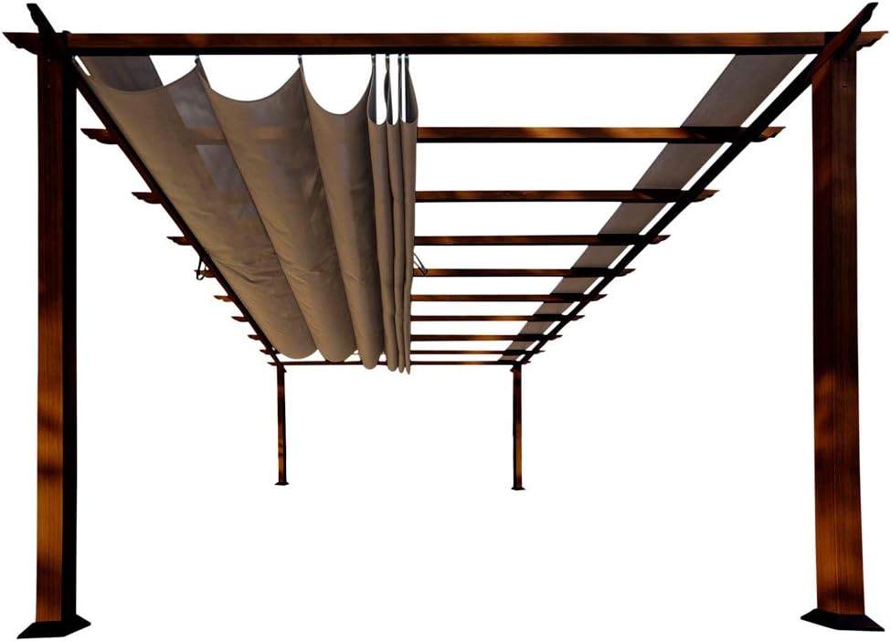 11'x16' Alumnium Pergola in Chilean Ipe with Soft Top Retractable Canopy for Patio, Porch, Garden, Backyard Gazebo (Cocoa Canopy)