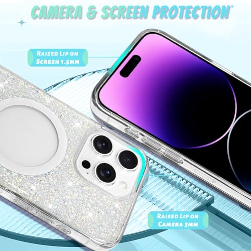 Bonoma for iPhone 14 Pro Case Sparkly Glitter Bling Back, Magnetic Support for MagSafe Shockproof, Crystal and Clear High-Duty Protection for Girls Women-Glitter Crystal by Bonoma - Used condition - Image 4