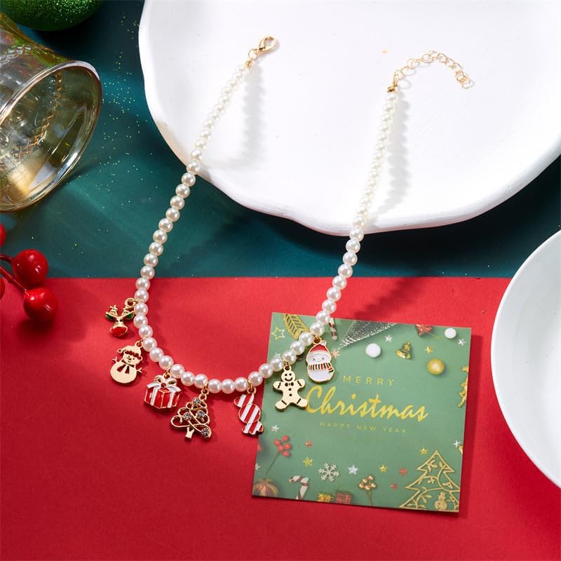 Christmas Necklace for Women Cute Christmas Tree Snowflake Snowman Candy Bell Gingerbread Men Pendant Necklace Elegant Xmas Theme Pearl Choker Charm Necklace Christmas Holiday Winter Party Jewelry - Image 4