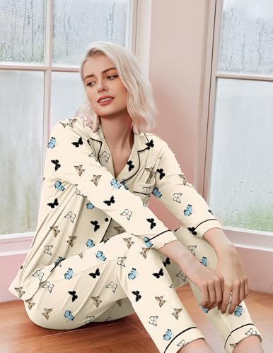 Image of Ekouaer Women's Sleepwear Winter Long Sleeve Button Down Pajama Shirts with Long Pants 2 Piece Pjs Set,Apricot Butterfly,S