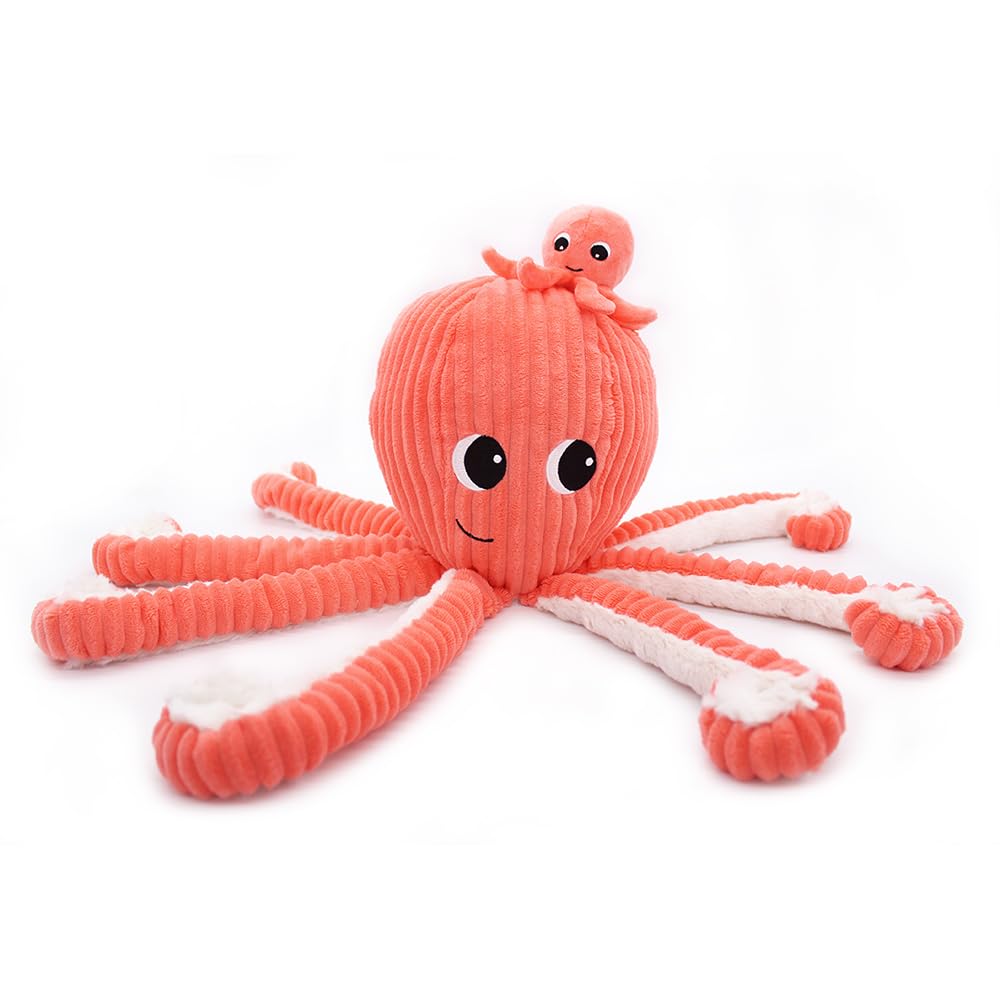 LES DÉGLINGOS Les Ptipotos by Plüschtier für Maman Bebe, sehr weich, Geschenk zur Geburt, Filu der Oktopus, Mama & Baby, 45 cm, Korallenrot