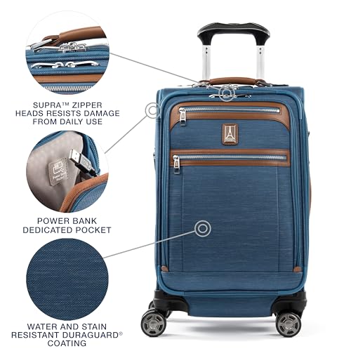 Image of Travelpro Platinum Elite Softside Expandable Carry on Luggage, 8 Wheel Spinner Suitcase, USB Port, Suiter, Men and Women, Coastal Blue, Carry On 21-Inch
