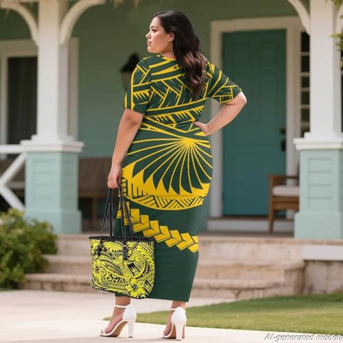 Image of Polynesian Dress for Women Short Sleeve High Waist Maxi Skirt | Puletasi dress, t-shirt and skirt two-piece, elastic material, lightweight, soft, plus size, luau party, wedding, clubwear