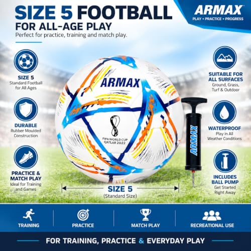 Image of Qatar Football Practise Foot Ball Training Match Football Size 5 Original for All Ages Group Rubber Moulded Standard Sports Foot Ball for Ground, Grass, Turf, Outdoor Waterproof