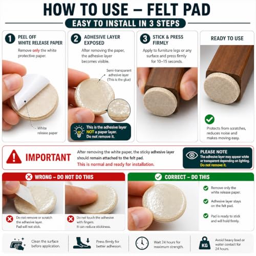Image of Felt Furniture Leg Protectors, 80 Pcs Self-Adhesive Pads, Scratch Resistant & Noise Reduction for Chairs & Tables, Beige, 3 Sizes - 40 Pcs Small, 32 Pcs Medium & 8 Pcs Large