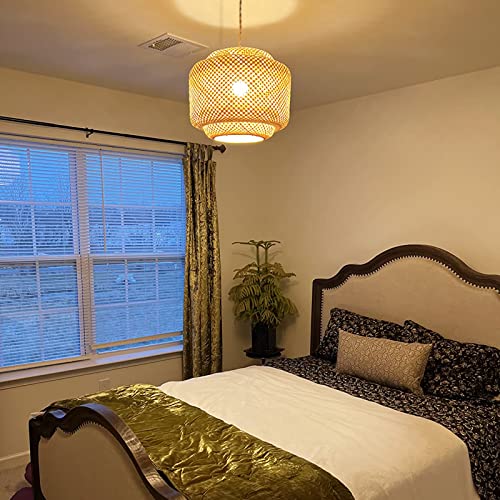Bamboo Plug In Pendant Light, Rattan Hanging Lamp With 14Ft Hemp Cord Basket Lamp Shade, Dimmable Switch, Boho Wicker Hanging Light Fixtures For Living Room Bedroom Kitchen, D11.8'' X H13.8'' #TOP5
