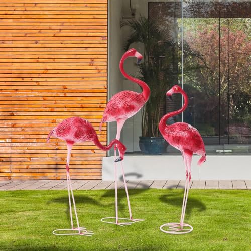 Image of 3 Pack Flamingo Ornament,Flamingo Garden Statues and Sculptures,Metal Birds Yard Art Outdoor Statue, Red Pink Flamingo Lawn Ornaments for Home, Patio, Backyard Decor