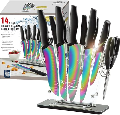DISHWASHER SAFE Rainbow Titanium Knife Set with Block,14 PCS Kitchen Knife Set...