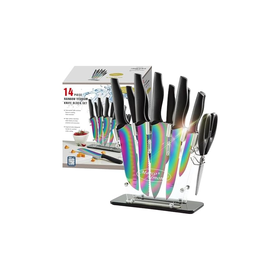 Marco-Almond-Knife-Block-Set14-Piece-Rainbow-Color-Stainless-Steel-Knife-Sets-for-Kitchen-with-block-KYA35-Chef-Cooking-Knives-Set-with-Acrylic-Stand Marco Almond® Knife Block Set,14-Piece Rainbow Color Stainless Steel Knife Sets for Kitchen with block, KYA35 Chef Cooking Knives Set with Acrylic Stand
