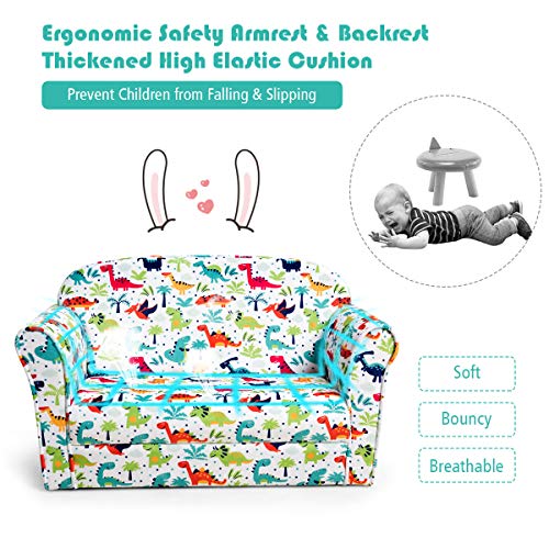 Costzon Kids Sofa, Double Seat Children's Sofa W/Dinosaur Pattern, Toddler Furniture Armrest Chair For Bedroom, Living Room, Large Kids Couch W/Sturdy Wood Construction & Comfortable Back, Multicolor #TOP6