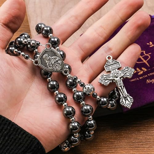 Image of Nazareth Store Hematite Rosary Black Stone Beads Necklace Metal Beaded Silver-Plated Medal & Cross for Men NS