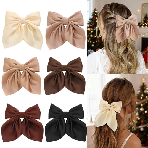 6Pcs Hair Bows for Women, Bow Hair Clips, Silky Satin Hair Bows for Girls, Neutral Colors Hair Ribbon, Cute Bow Clips for Women, Hair Accessories Chirstmas Gifts