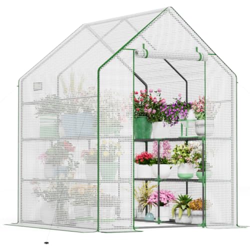 Image of Walk in Greenhouses, 57 x 57 x 76 inch Green House, Greenhouse for Outdoors with Durable PE Cover, Portable Greenhouse with Shelves Stands,Green