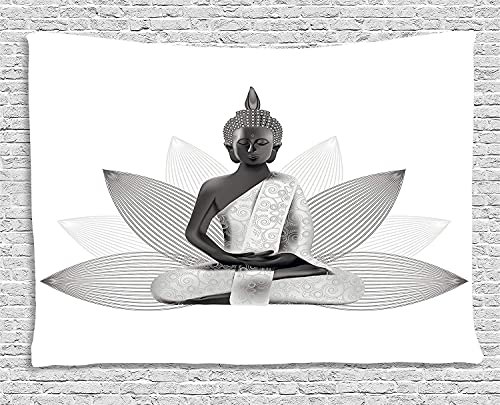 Tapiz Asitico, Estatua De Meditacin De Color Plateado Sobre Fondo De Loto Lmina De Salvia Del Lejano Oriente De Asia, Dormitorio Para Colgar En La Pared, Gris Blanco