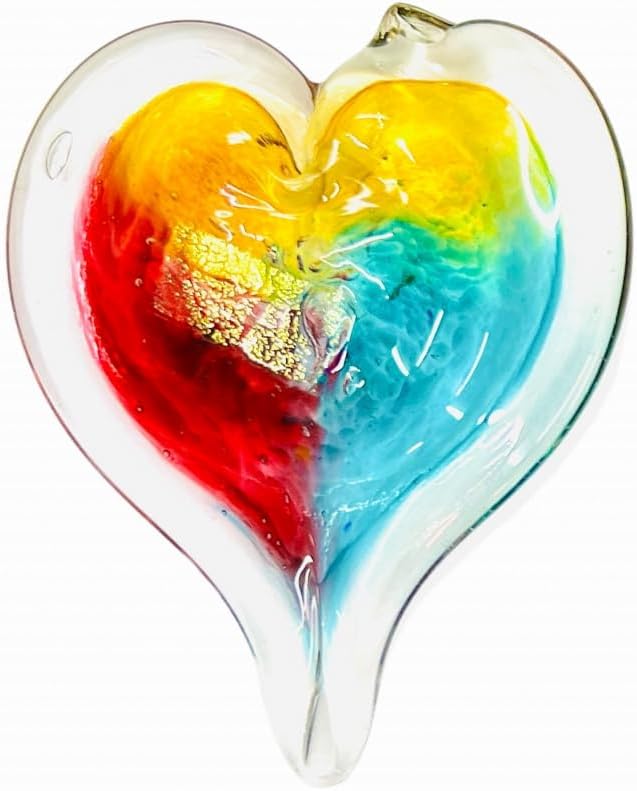 Luke Adams Handmade Glass Hanging Hearts – Red Heart Ornament for Window or Gift – Hand Blown Hearts Decor – Colorful Blown Glass-Fiji (Pink Amber Teal)
