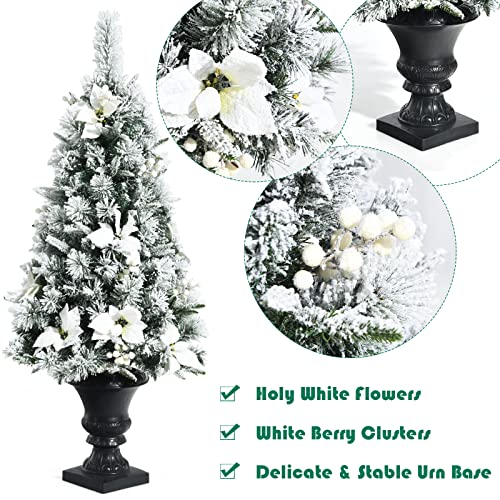 Goplus-4ft-Flocked-White-Christmas-Tree-for-Entrances-2-Pack-Pre-lit-Artificial-Xmas-Tree-wWarm-White-100-LED-Lights-Flowers-White-Berries-in-Black-Urn-Base-Porch-Festival-Holiday-Decoration Goplus 4ft Flocked White Christmas Tree for Entrances 2 Pack Pre lit Artificial Xmas Tree wWarm White 100 LED Lights Flowers White Berries in Black Urn Base Porch Festival Holiday Decoration