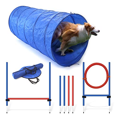 Procyon Agility Set für Hunde mit Hürde, Tunnel und Ring, Hundetraining, Hundeparcours mit Slalomstangen und Sprungring
