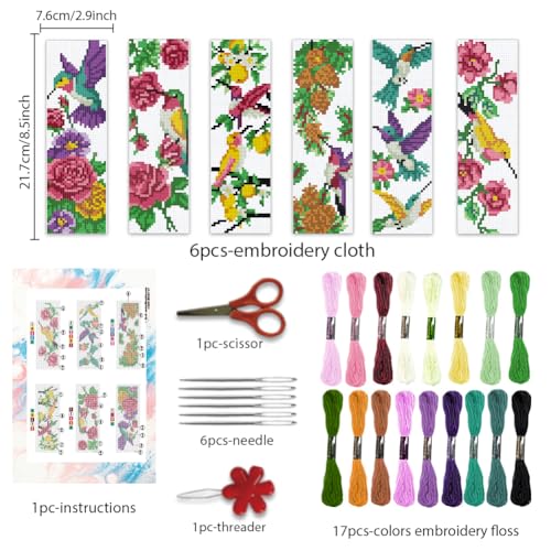 Image of BEUNITONE 6 Pcs Cross Stitch Bookmark Kit for Beginner Vintage Flower Hand Embroidery Kit with Instruction Hummingbird Stamped Embroidery Bookmarks Handmade for DIY Crafts Book Lovers 8.5''x3''