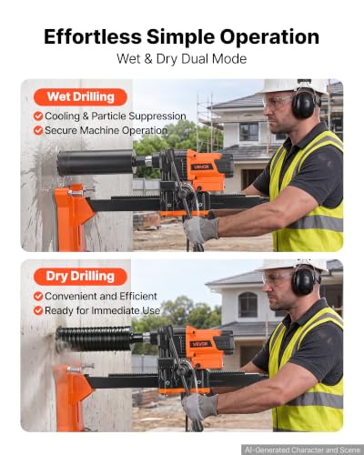 Image of VEVOR Diamond Core Drilling Machine Dry and Wet 0.8-8 in Drilling Diameter | 8 Drill Bits, Rolling Core Drill Rig, Wheeled Stand, Lifting Handle, 3000W 800RPM, UNC1 1 /4-7 Thread for Concrete Brick Stone