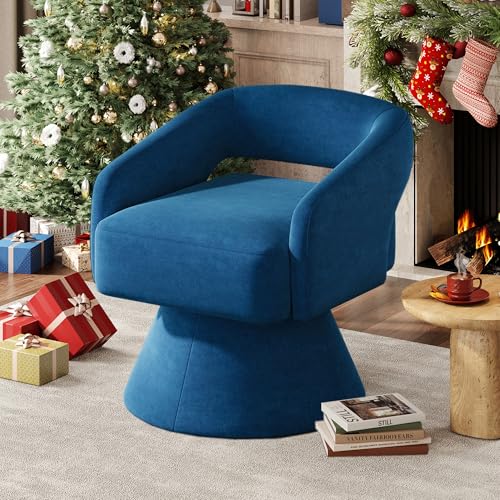 LINSY Swivel Barrel Chair, 360 Modern Swivel Accent Chair Boucle Swivel Chair Round Blue Velvet Chairs with Arms, Small Barrel Chair for Small Spaces Bedroom Living Room
