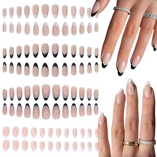 HTTDSLF 96 Piezas Uñas Postizas, French Tipp Press on Nails, Puntas de Uñas Reutilizables con Forma de Almendra, Almendra Fake Nails, para Mujeres y Niñas