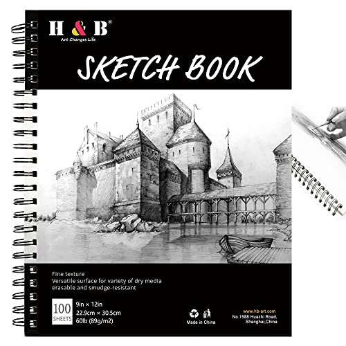 Jitejoe Sketchbooks 100 Sheets 9 x 12 Inches Sketch Book Spiral Bound Acid-Free Artistic Sketch Pad for Drawing Painting Writing Art Paper for Kids Adults Beginners (Black Sketch Books)
