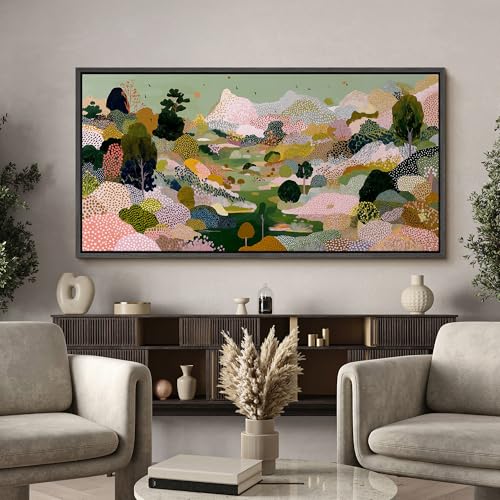 Image of MUDECOR Extra Large Framed Canvas Print Wall Art Colorful Abstract Landscape with Trees Contemporary Antique Retro Ready to Hang Painting for Living Room Bedroom Multi-Sizes - 60 inchx30 inch