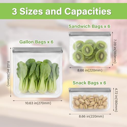 Image of 18 Pack Reusable Lock Bags Silicone, 3 Sizes Leak Proof Freezer Bags, Food Storage Bags Keep for Fresh Fruits Veggie - 6 Gallon 6 Sandwich 6 Snack (Grey)