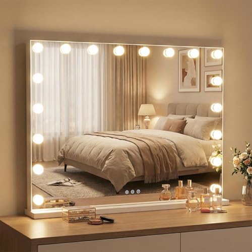 COSTWAY Hollywood Vanity Mirror with Lights, Tabletop Lighted Makeup Mirror with 3 Color Modes & Touch Screen, Large Cosmetic Dressing Table Mirror for Bedroom (80 x 63cm, with 18 Dimmable LED Bulbs)