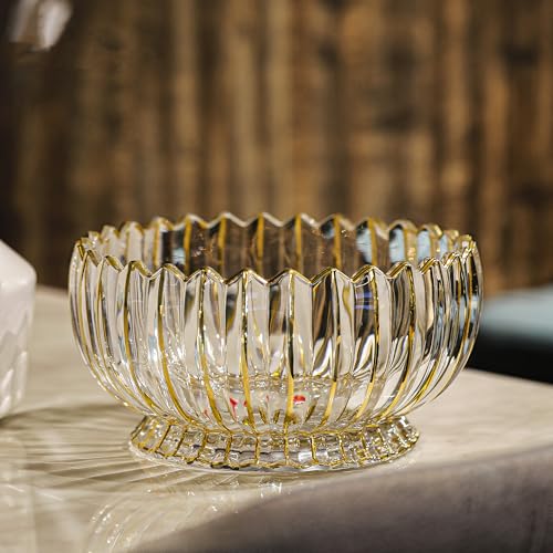 Puremagics Cuenco redondo de cristal dorado pintado a mano con patas de frutas, 8.7 pulgadas de diámetro, elegante cuenco decorativo para frutas/caramelos.